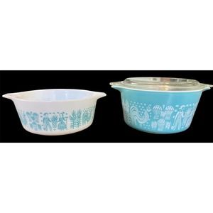 Pyrex Casserole 1 Qt And 1.5 Pint Amish Butter Print White Blue Turquoise Lid